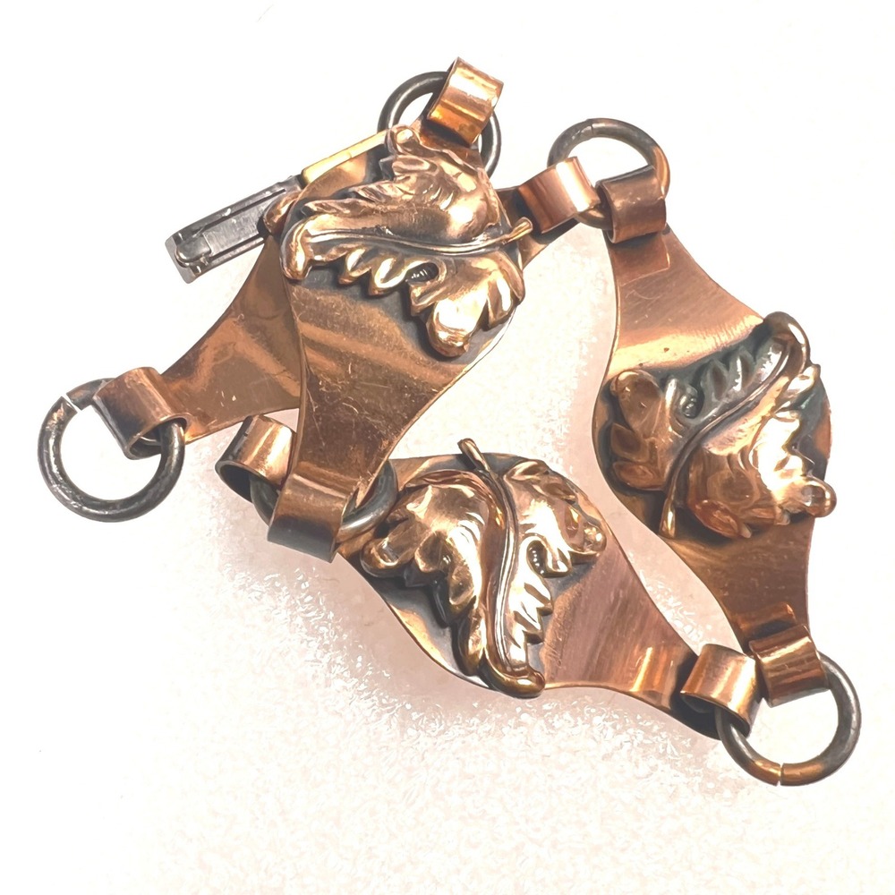 Vintage Copper Link Bracelet Applied Leaves Artisan Made MCM BOHO7.75"‎
